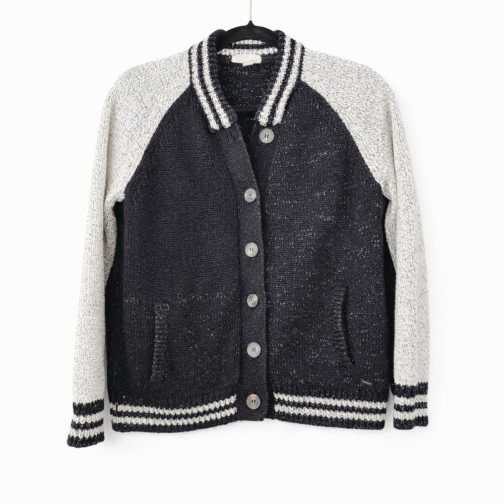 Garage Varsity Knit Cardigan Black Cream Button Front Sweater M